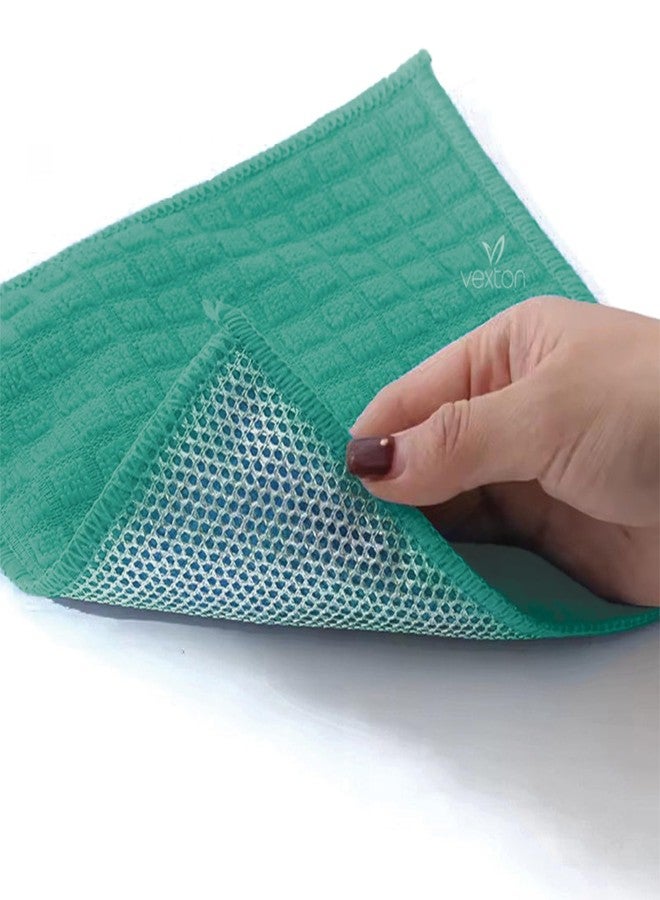 Vexton 1PCS Multipurpose Dual Sided Microfiber Reusable Dish Wash Rags with Non Scratch Steel Wire Mesh Scrub for Wet & Dry Cleaning Cloth for Kitchen (Green) - Image 1